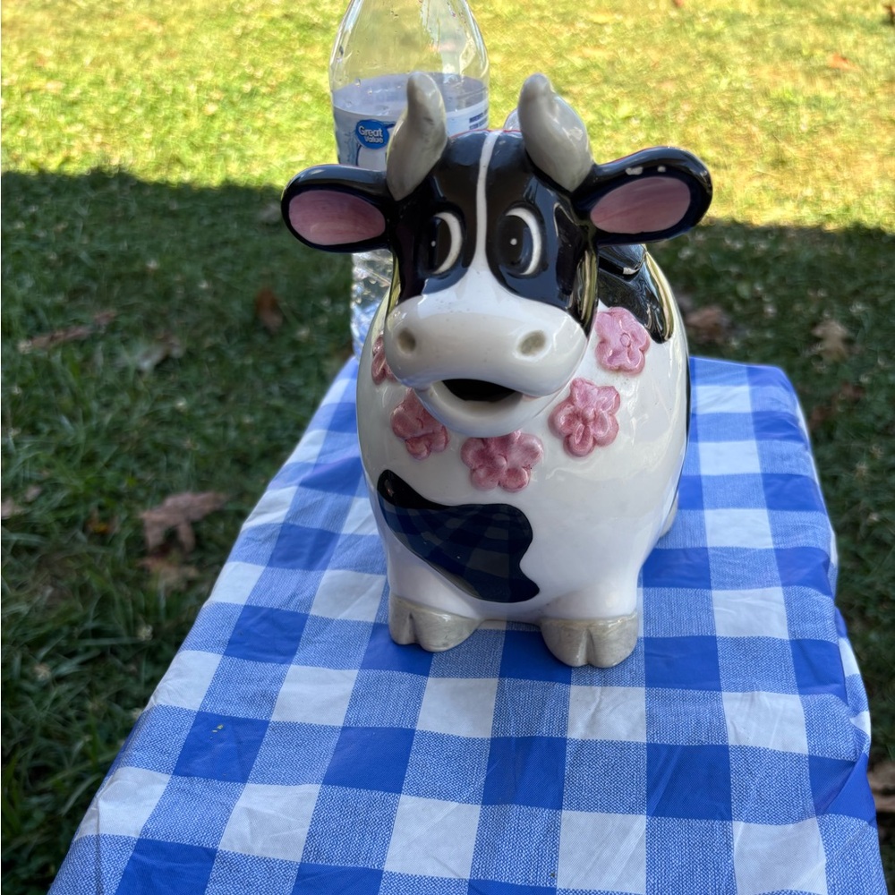 Vintage Ceramic Cow Pitcher Creamer with pink flowers